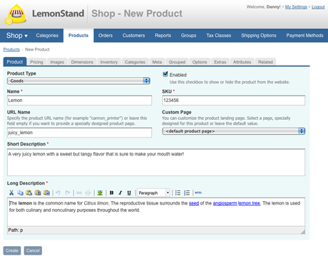 Adding a product in LemonStand